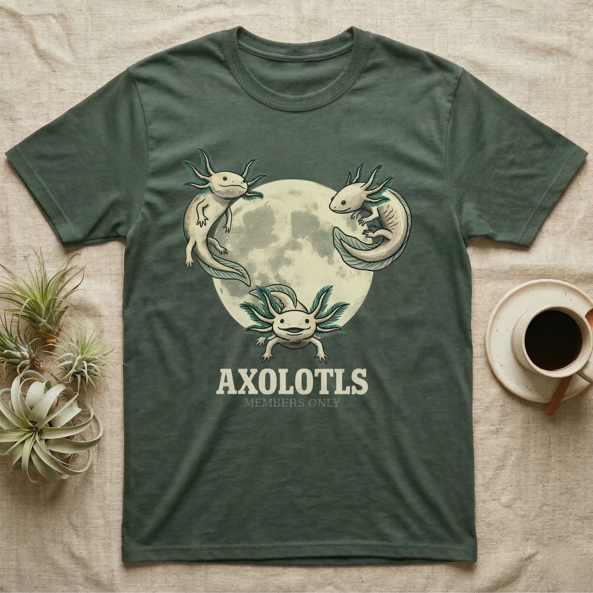 Three Axolotl Moon Tee in Military Green — Retro-illustration of three smiling axolotls with feathery gill plumes arranged around a stratified halftone full moon.