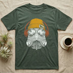 Green Iguana Headphones T-Shirt in Military Green — Engraved green iguana with jowls and dorsal spines in a beanie and headphones, aviators reflecting a rainforest.