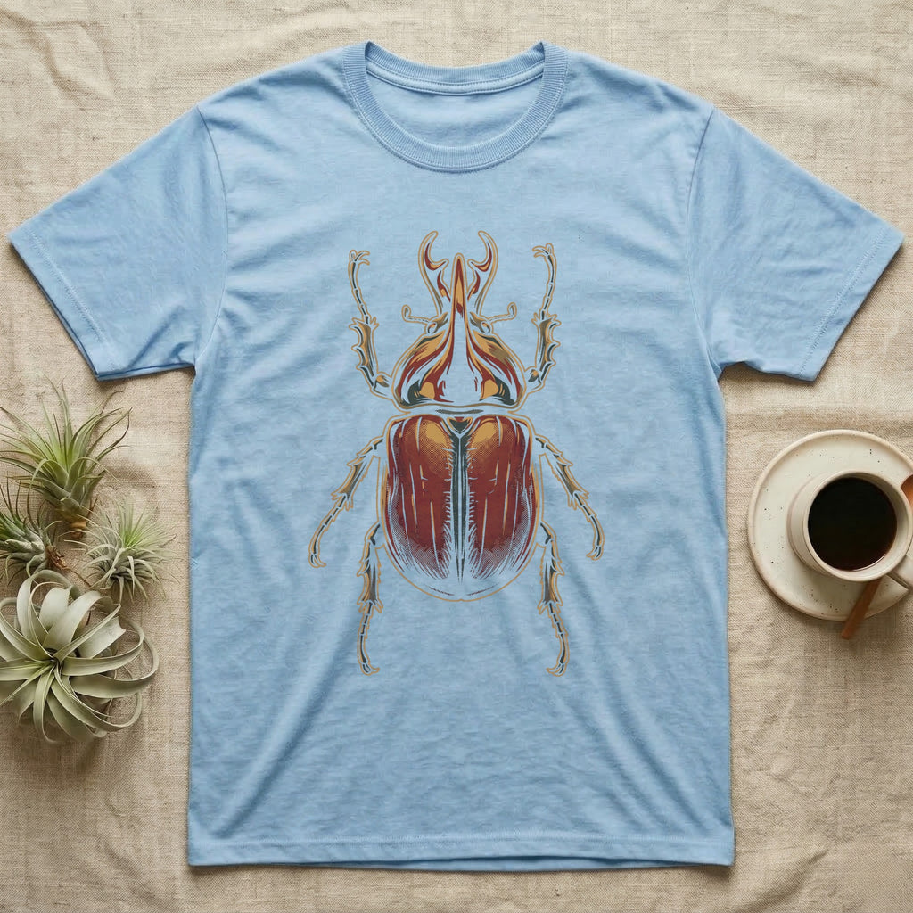 Dorsal-view illustration of a rhinoceros beetle with a forked amber horn and rust-red elytra in bold vintage comic ink line and halftone shading, no on-shirt text. — shown on a Light Blue tee.