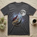 Ackie Monitor Moon Howl T-Shirt in Dark Heather — Three Ackie Monitor colour morphs howling at a full moon over a nebula on a dark grey t-shirt.