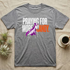 Ghost Mantis Praying For Candy T-Shirt in Sport Grey — Minimalist caped ghost mantis rearing up through bold text, "Praying for More Candy."