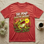 Pacman Frog Lagoon Apocalypse T-Shirt in Heather Red — B-movie horror poster of a Pacman frog bursting from slime at a fly, "The Pond From the Lagoon, Amphibian Apocalypse."