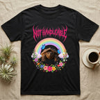 Snapping Turtle Hatchling T-Shirt in Black — Cute baby snapping turtle in a pastel rainbow and flower wreath under a hot pink metal logo reading NOT HANDLEABLE