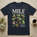 Red-Eyed Tree Frog MILF T-Shirt in Navy — Eight red-eyed tree frogs in a cut-out photo collage beneath the huge cream word MILF on grey.