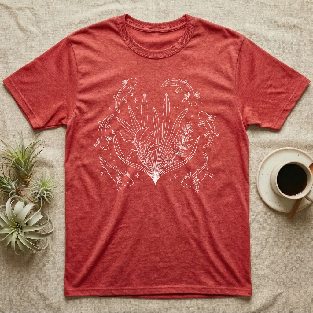 Axolotl Fine Line Botanical T-Shirt in Heather Red — Fine-line white ink illustration of five axolotls drifting around a fanned spray of anubias and java fern.