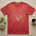 Axolotl Fine Line Botanical T-Shirt in Heather Red — Fine-line white ink illustration of five axolotls drifting around a fanned spray of anubias and java fern.
