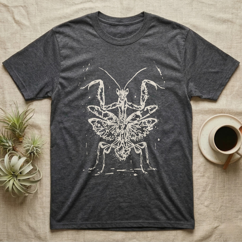 Orchid Mantis Threat Display T-Shirt in Dark Heather — Bleach-spatter stencil illustration of an orchid mantis reared square-on into a full threat display.
