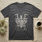 Orchid Mantis Threat Display T-Shirt in Dark Heather — Bleach-spatter stencil illustration of an orchid mantis reared square-on into a full threat display.