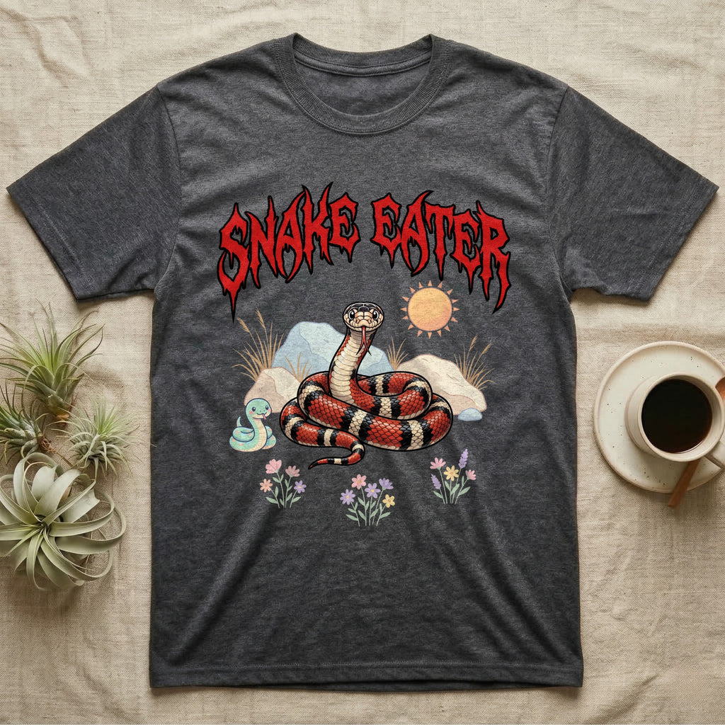 California Kingsnake Feral T-Shirt in Dark Heather — Banded California kingsnake coiled with a tiny companion snake under a jagged blood-red metal wordmark and pastel scene.
