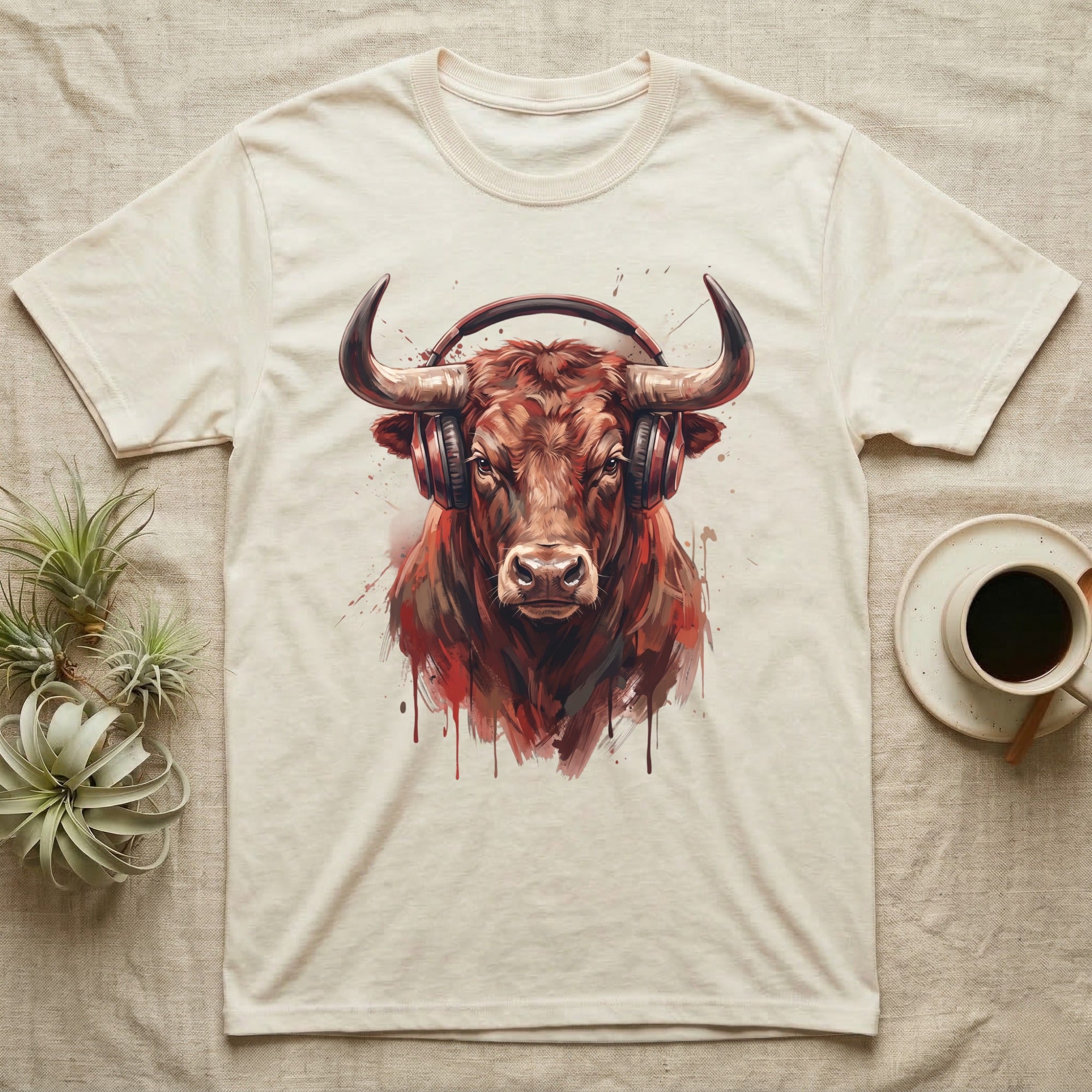 T-shirt with a painted bull wearing headphones.
