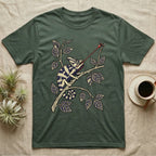 Veiled Chameleon The Strike T-Shirt in Military Green — Ukiyo-e style woodblock illustration of a veiled chameleon mid-tongue-strike among foliage.