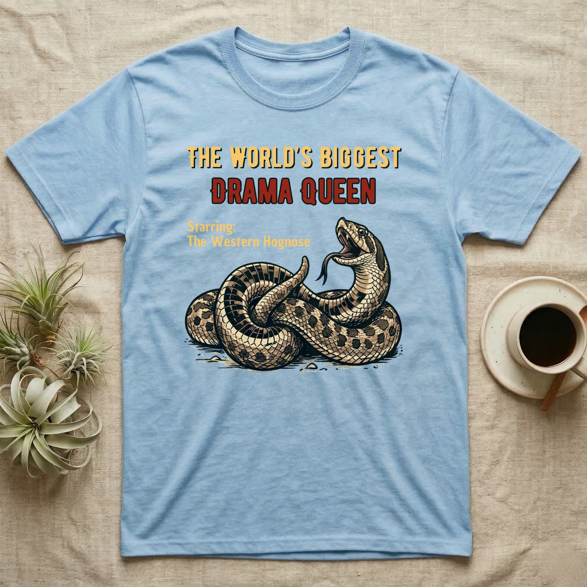 Light blue t-shirt with a Western Hognose snake and text "The World's Biggest Drama Queen".