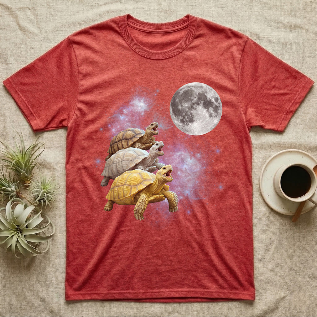 Sulcata Tortoise Moon Howl T-Shirt in Heather Red — Three Sulcata Tortoise colour morphs howling at a full moon over a nebula on a dark grey t-shirt.