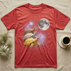 Sulcata Tortoise Moon Howl T-Shirt in Heather Red — Three Sulcata Tortoise colour morphs howling at a full moon over a nebula on a dark grey t-shirt.