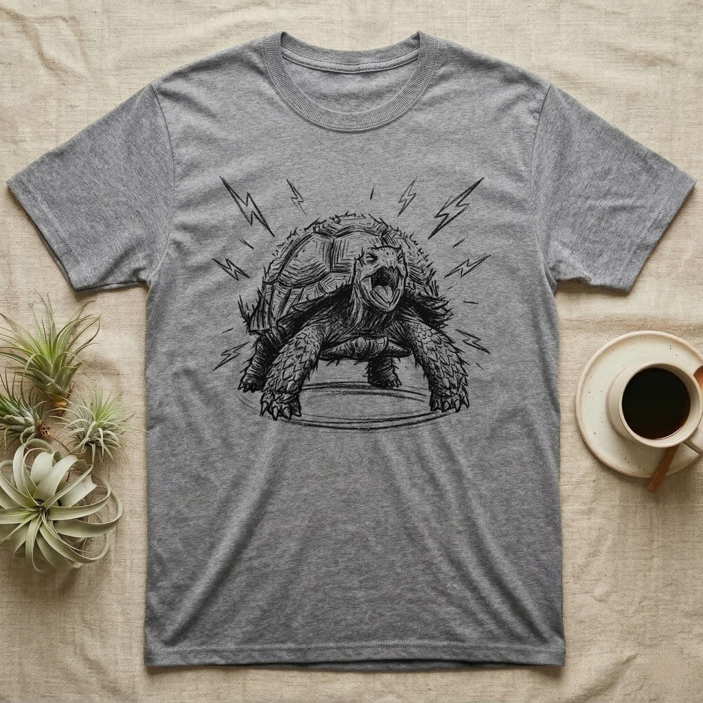 Sulcata Tortoise Charcoal Grit T-Shirt in Sport Grey — Sulcata tortoise drawn head-on in scribbled charcoal grit, legs braced wide, zigzag bolts thrown out around it.