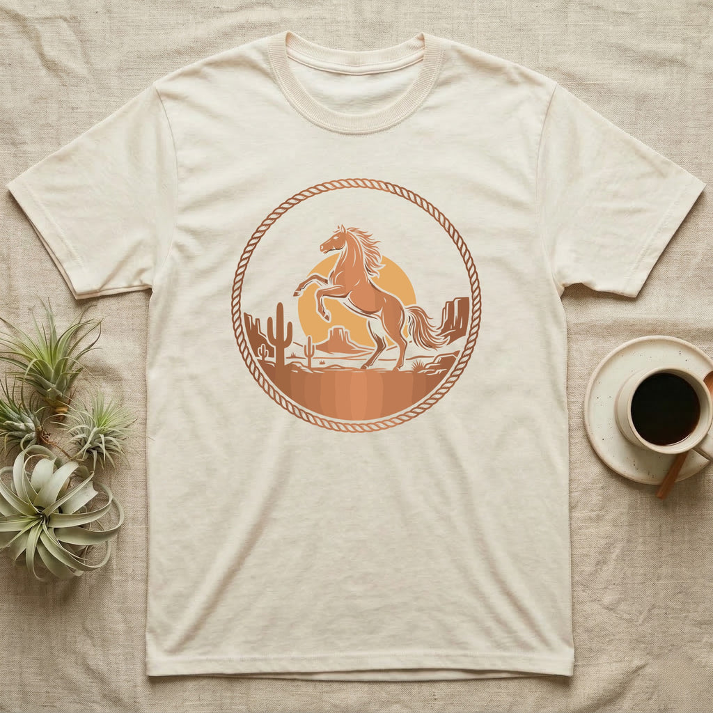 Cream t-shirt with desert sunset graphic featuring a rearing horse.