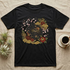 Black t-shirt with a spider and floral pattern in Japanese art style.