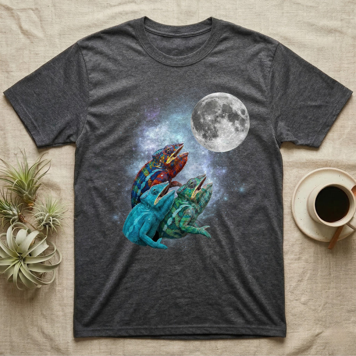 Panther Chameleon Moon Howl T-Shirt in Dark Heather — Three Panther Chameleon colour morphs howling at a full moon over a nebula on a dark grey t-shirt.