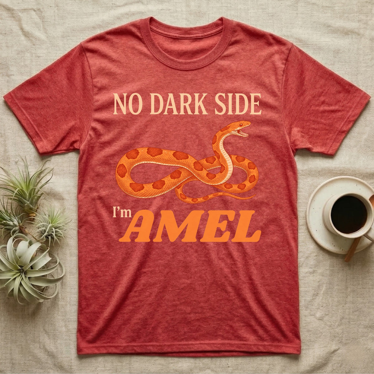 Amel Corn Snake T-Shirt in Heather Red — Orange engraved amel corn snake with orange-red saddles mid-hiss between peach and orange lettering reading NO DARK SIDE, I'm AMEL