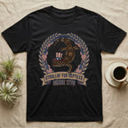 Leopard Gecko 1776 T-Shirt in Black — Vintage badge of a leopard gecko in an Uncle Sam hat with laurel wreath and flags, banner reading Strollin' For Reptiles Since 1776.