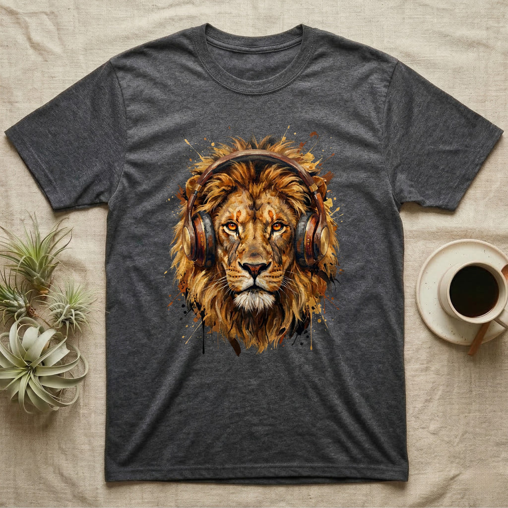 Dark grey t-shirt featuring a lion wearing headphones with a paint splatter design.