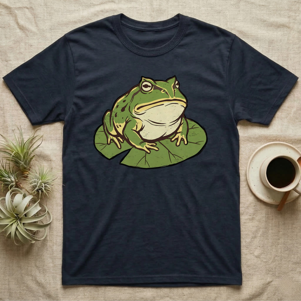 Dark navy t-shirt with a graphic of a green frog on a lily pad.