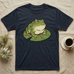 Dark navy t-shirt with a graphic of a green frog on a lily pad.