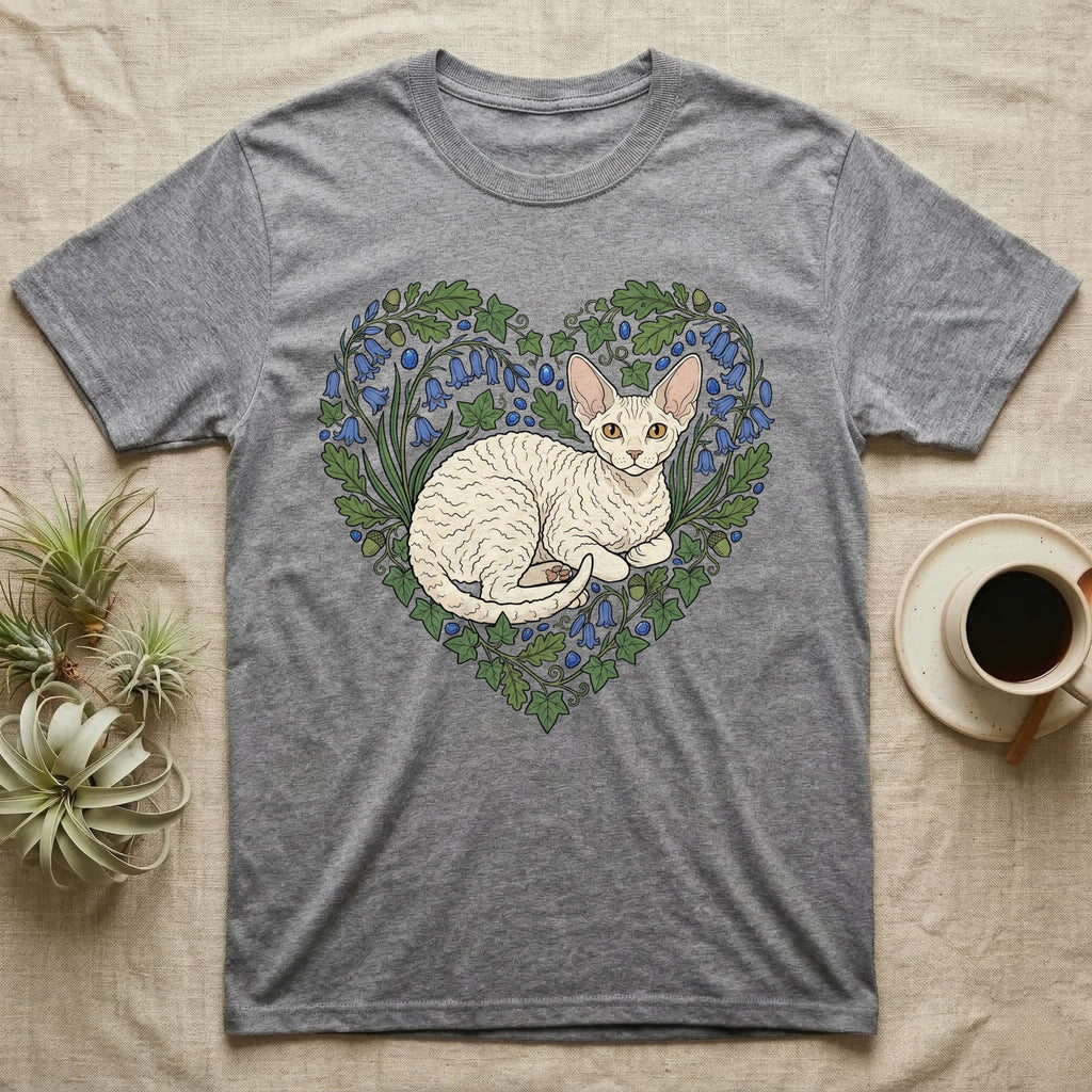 Gray t-shirt with a Rex cat illustration inside a heart of blue flowers.