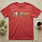 Veiled Chameleon Canopy Crew T-Shirt in Heather Red — Watercolor illustration of seven veiled chameleons in different colour phases on a ficus branch, dark grey T-shirt design.