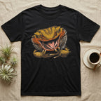 Vintage ink illustration of a bearded dragon head with its mouth wide open, tongue out, front claws raised, no on-shirt text. — shown on a Black tee.