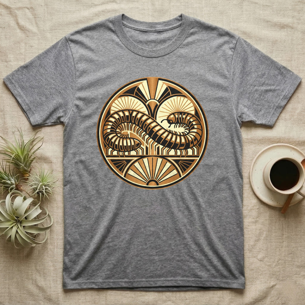 Gray t-shirt with circular art deco design featuring a stylized serpent.