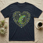 Dark t-shirt with green lizard and floral heart design.