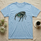 Blue t-shirt featuring a detailed illustration of a jumping spider.