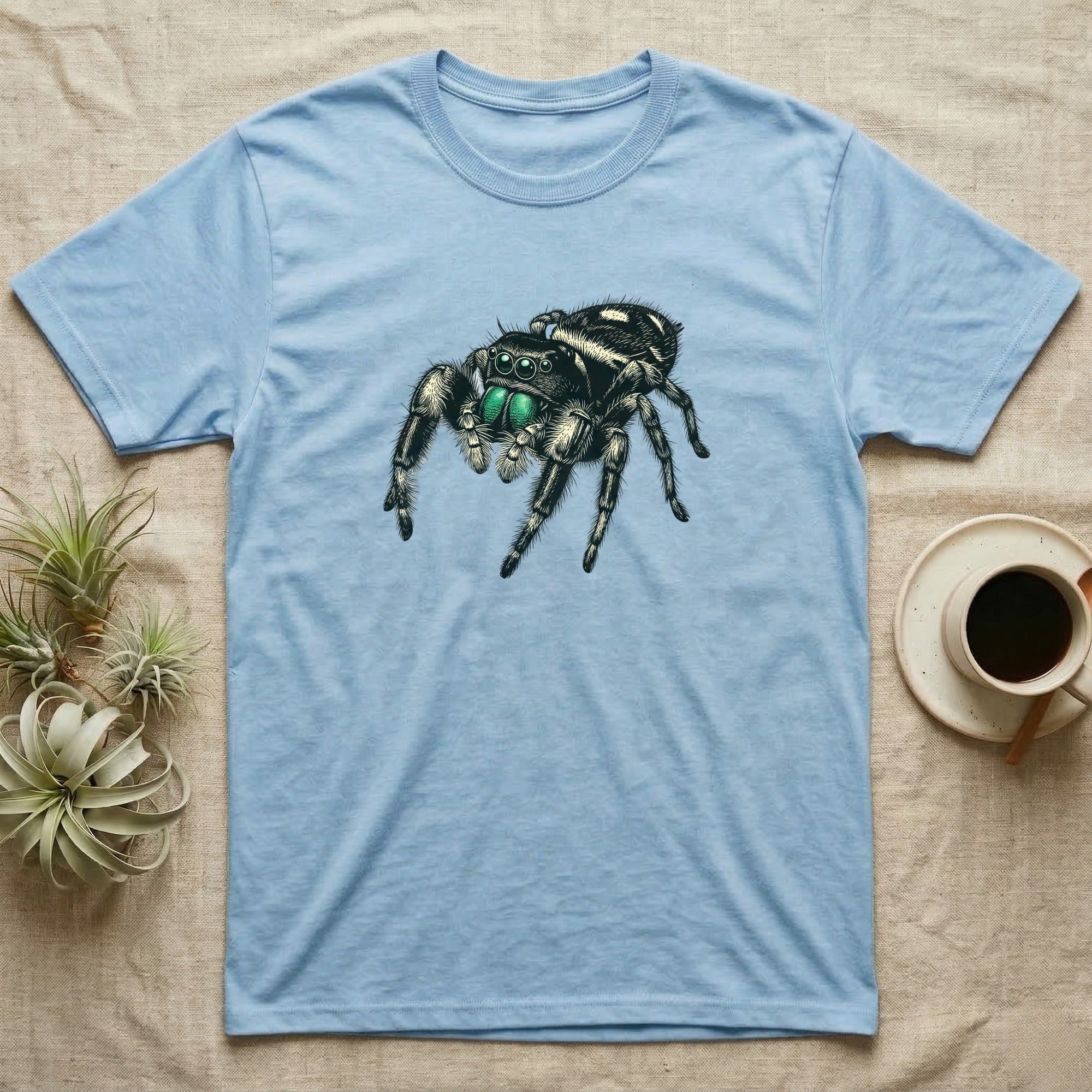 Blue t-shirt featuring a detailed illustration of a jumping spider.