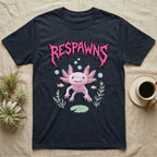 Axolotl Feral T-Shirt in Navy — Smiling pink axolotl floating in a pastel underwater scene under a spiky hot-pink metal wordmark reading RESPAWNS.