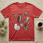 Red t-shirt with astronaut owls and planets graphic.