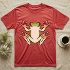 Tree Frog On Glass T-Shirt in Heather Red — Vector-bold tree frog plastered against implied glass, suction feet splayed wide, small "Tree Frog On Glass." caption.