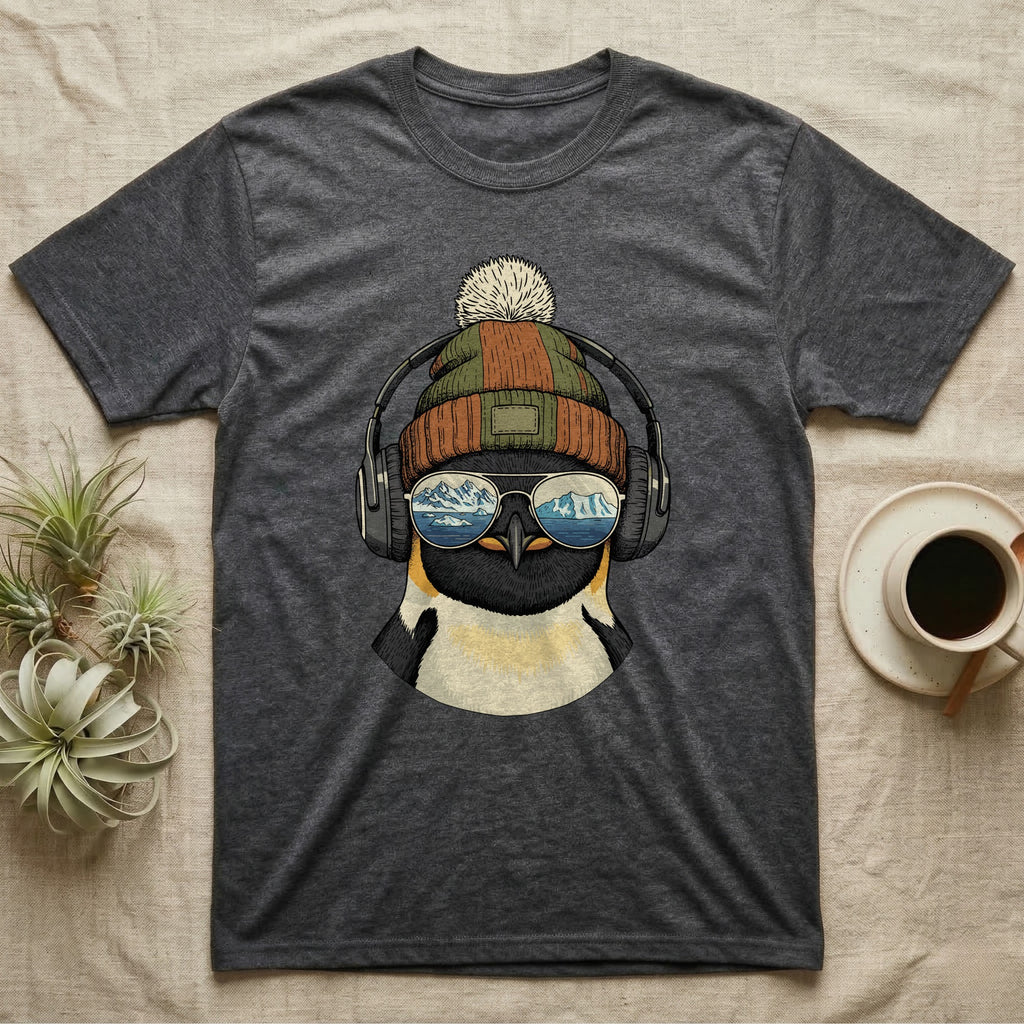 Dark grey t-shirt with a graphic of a penguin wearing headphones and sunglasses.