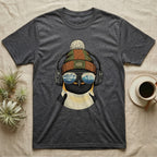 Dark grey t-shirt with a graphic of a penguin wearing headphones and sunglasses.