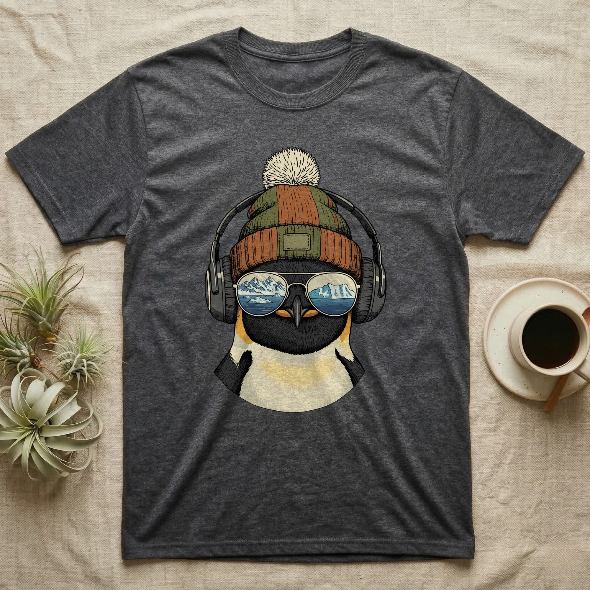 Dark grey t-shirt with a graphic of a penguin wearing headphones and sunglasses.