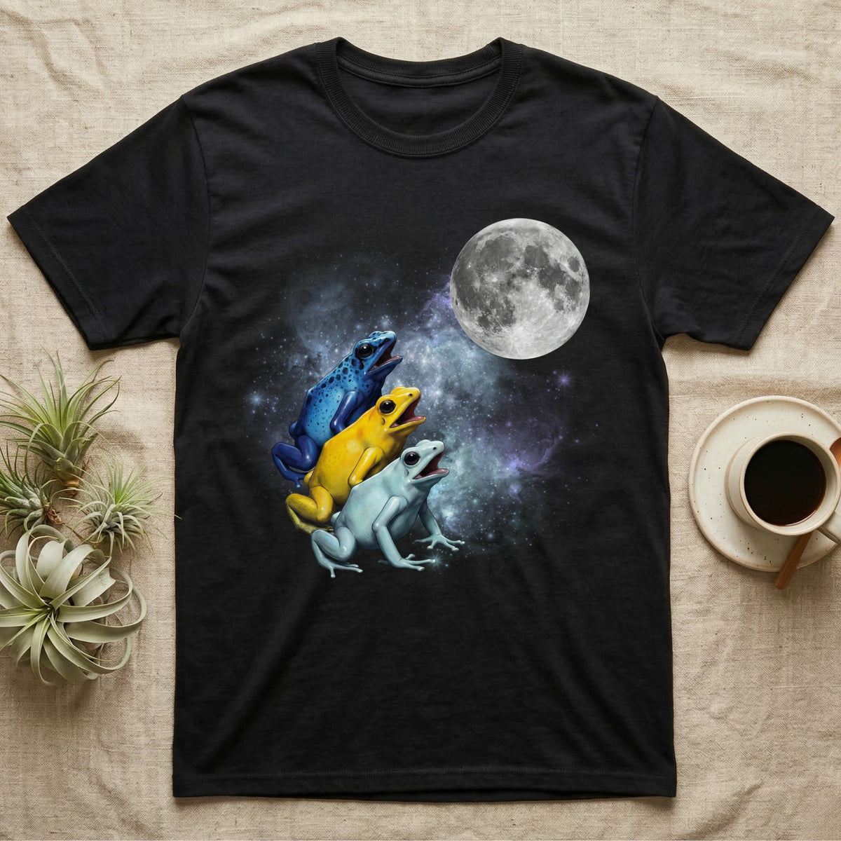 Poison Dart Frog Moon Howl T-Shirt in Black — Three Poison Dart Frog colour morphs howling at a full moon over a nebula on a dark grey t-shirt.