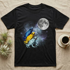 Poison Dart Frog Moon Howl T-Shirt in Black — Three Poison Dart Frog colour morphs howling at a full moon over a nebula on a dark grey t-shirt.