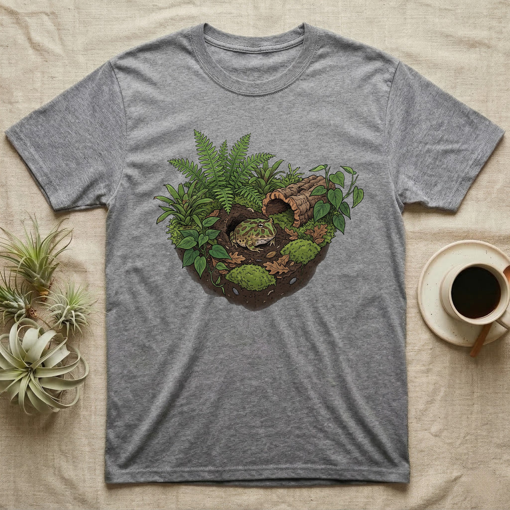 Pacman Frog Vivarium T-Shirt in Sport Grey — Botanical illustration of a pacman frog thriving in a planted bioactive vivarium beside a small empty plastic cup.