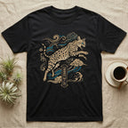 Black t-shirt with a jumping leopard and Asian-inspired cloud design.