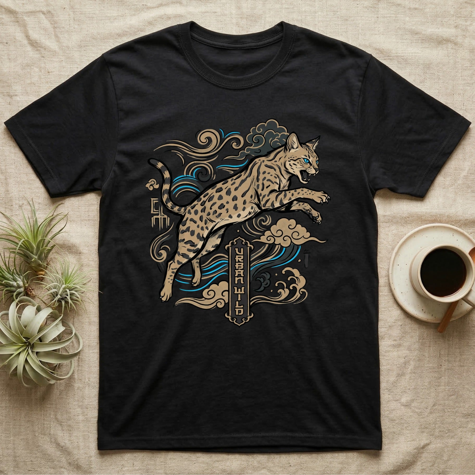 Black t-shirt with a jumping leopard and Asian-inspired cloud design.