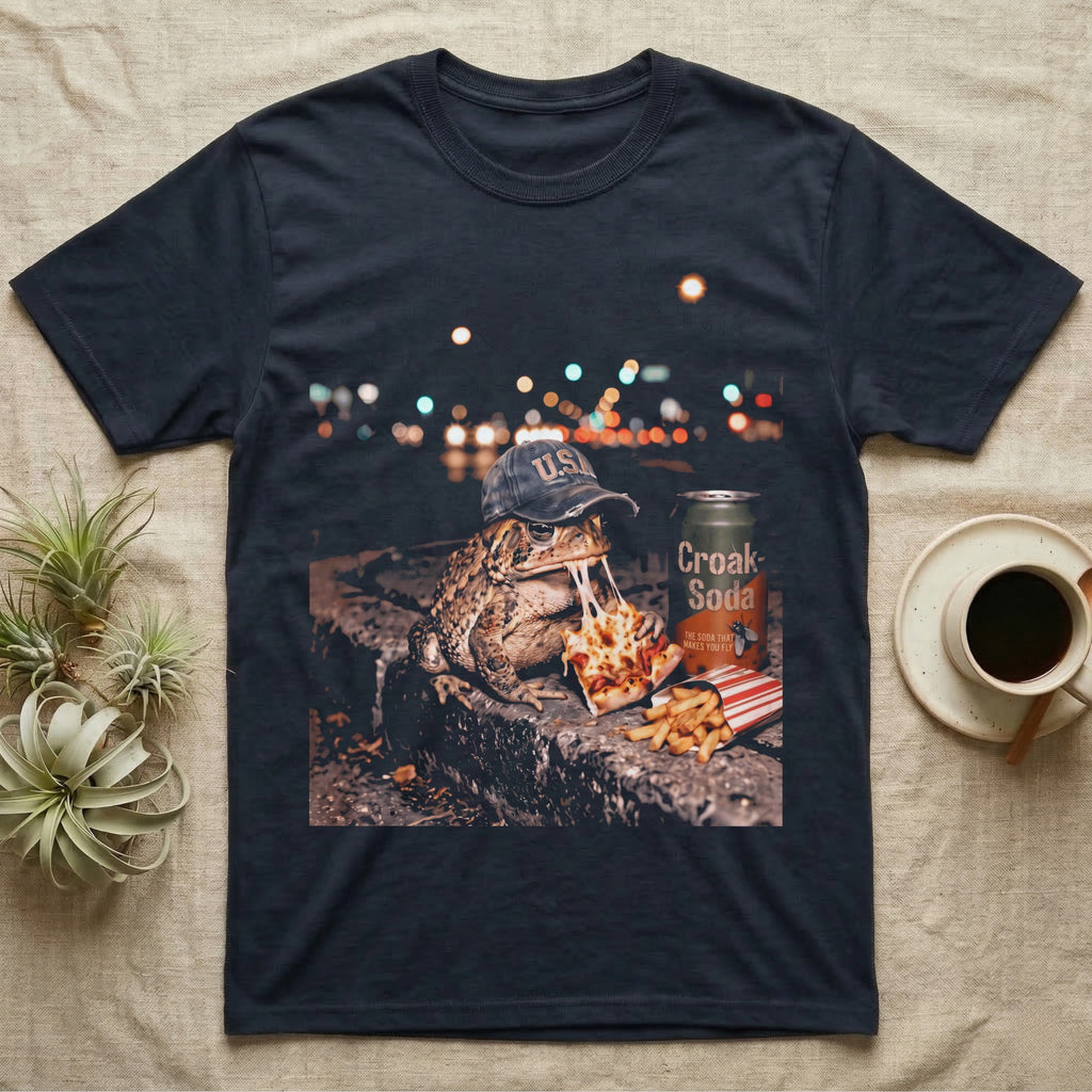 American Toad Street Food T-Shirt in Navy — American toad in a U.S.A cap eating pizza and fries on a night-time city curb in gritty halftone.