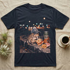 American Toad Street Food T-Shirt in Navy — American toad in a U.S.A cap eating pizza and fries on a night-time city curb in gritty halftone.