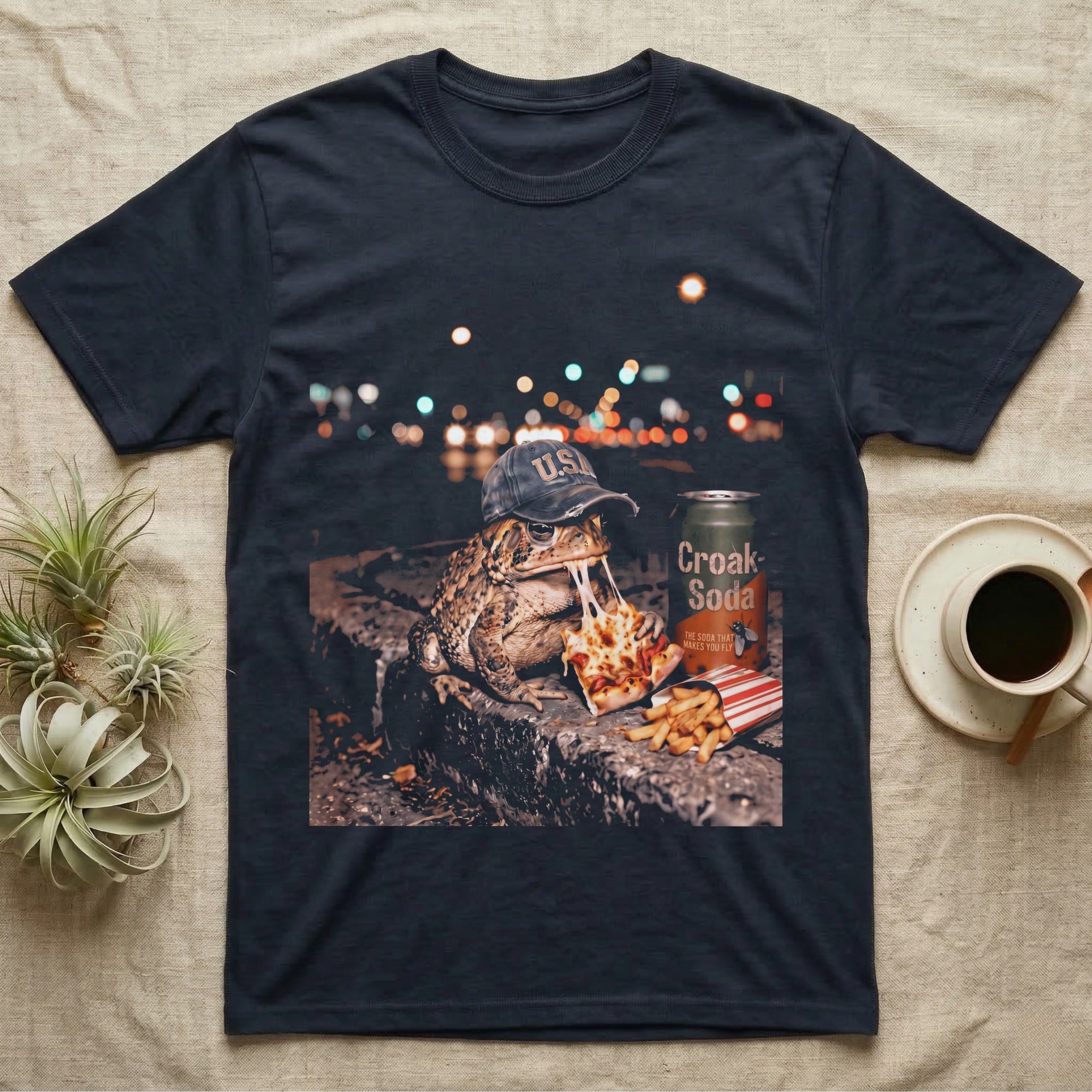American Toad Street Food T-Shirt in Navy — American toad in a U.S.A cap eating pizza and fries on a night-time city curb in gritty halftone.