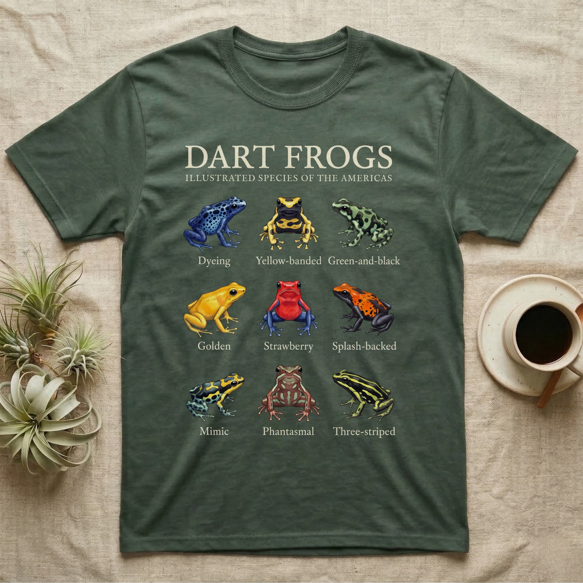 Dart Frog Chart T-Shirt in Military Green — Watercolour chart of nine named poison dart frogs under a cream serif Dart Frogs title