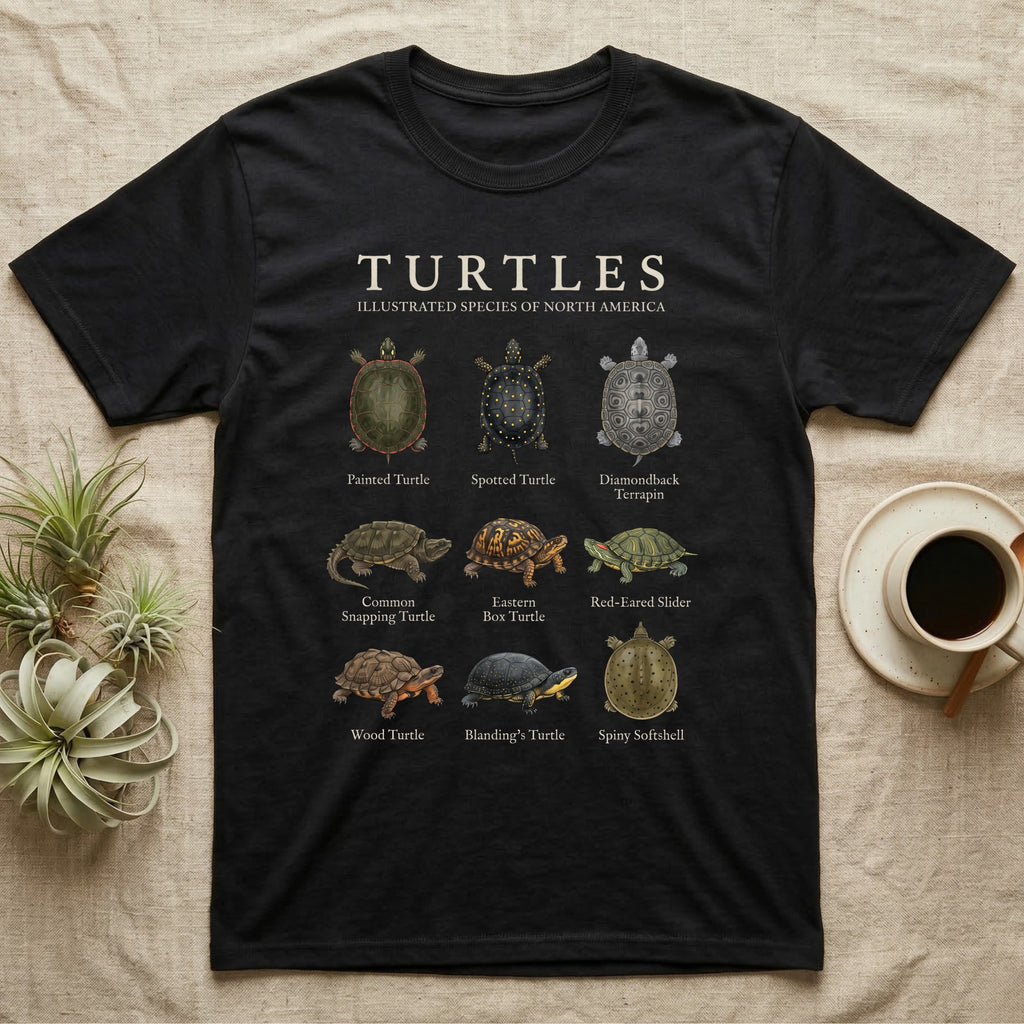 Turtle Species Chart T-Shirt in Black — Watercolour chart of nine named North American turtles under a cream serif Turtles title on charcoal grey